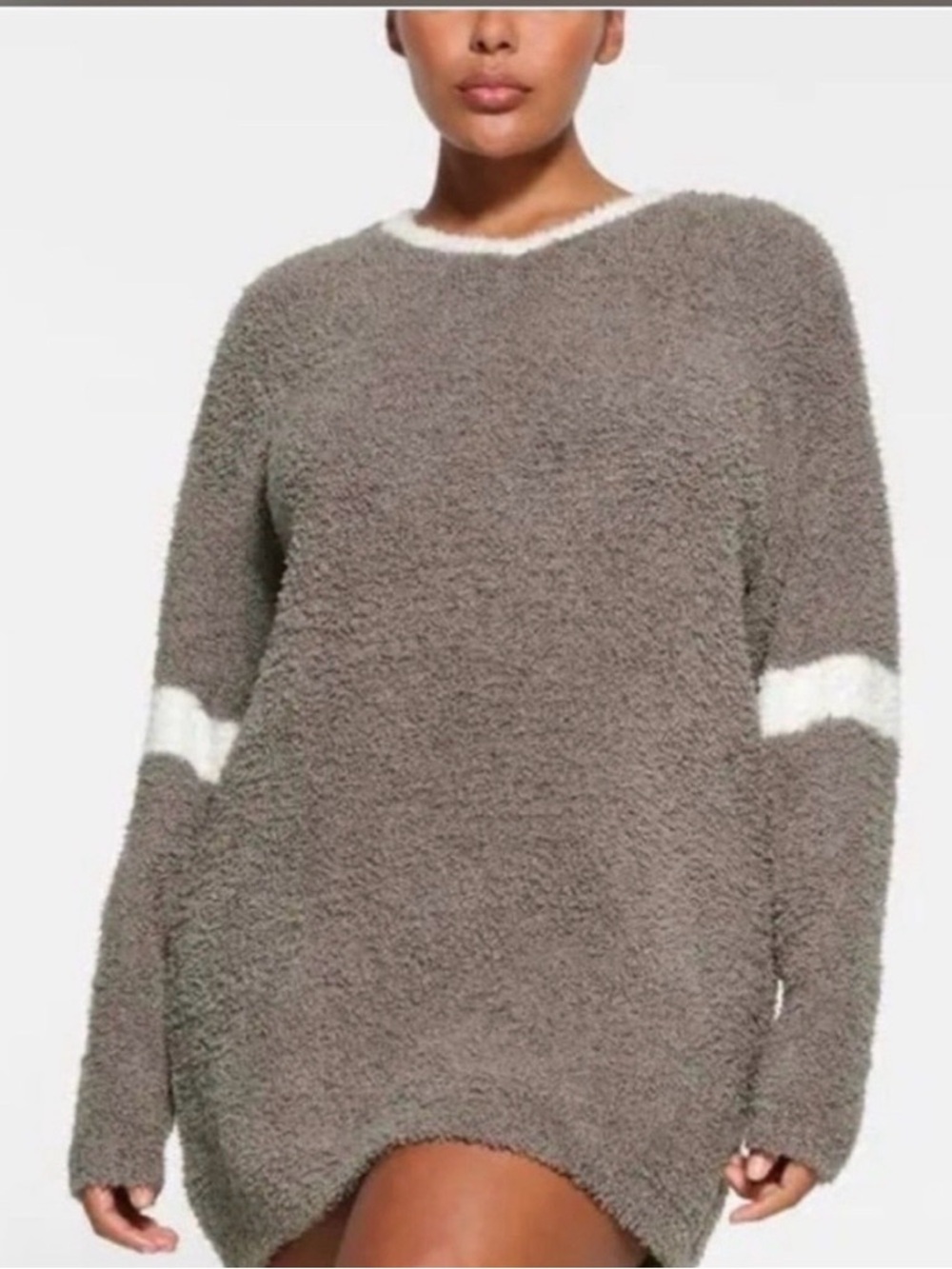 SKIMS Cozy Knit V Neck Mini Sweater Dress Taupe Plush with White Trim loungewear